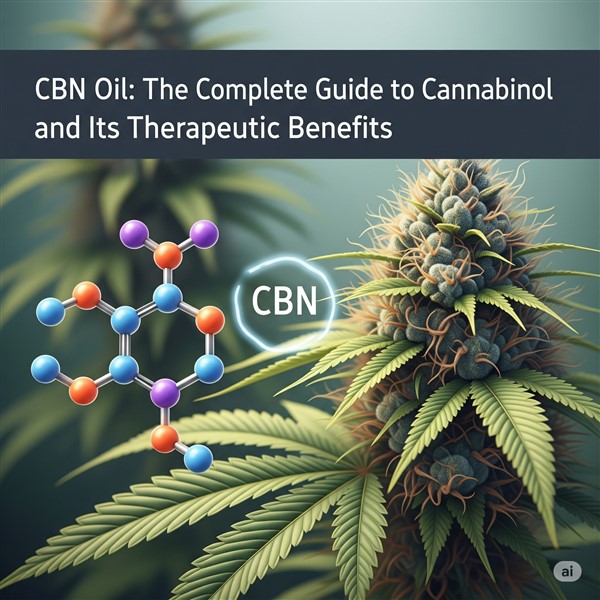 CBN molecular structure diagram overlaid on a cannabis plant, illustrating cannabinol and its therapeutic benefits.